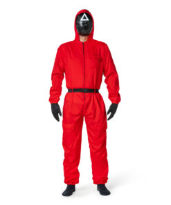 Red game Kostuum – Rood Pak met Masker, Handschoenen en Riem – Maat S