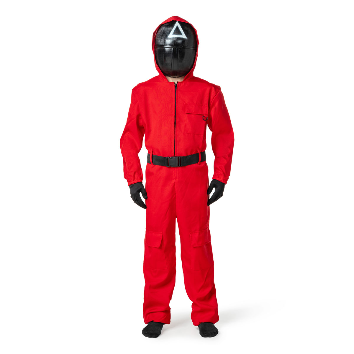 Kinder game Kostuum – Rood Pak met Masker, Handschoenen en Riem – Maat 146/152