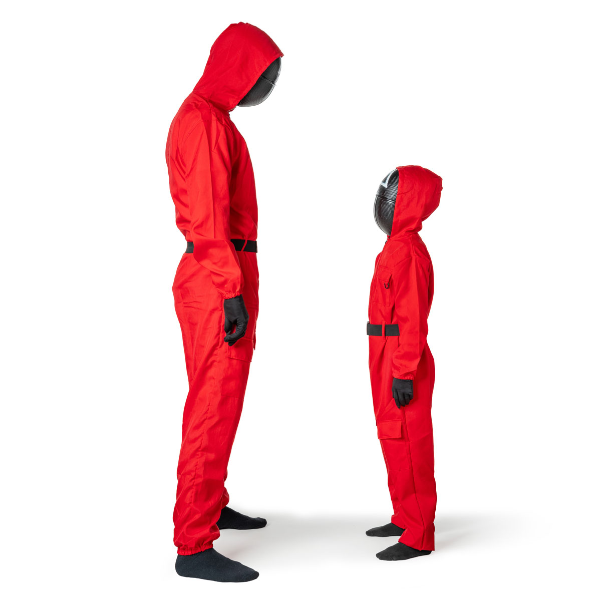 Kinder game Kostuum – Rood Pak met Masker, Handschoenen en Riem – Maat 134/140 - Afbeelding 3