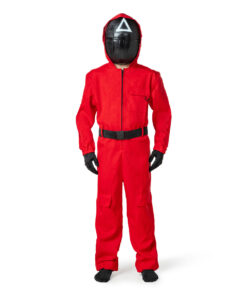 Kinder game Kostuum – Rood Pak met Masker, Handschoenen en Riem – Maat 122/128